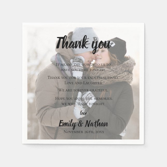 Cute Faux Vellum Photo Wedding Thank you Message Napkin (Front)
