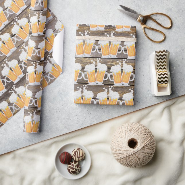 Cute faux wood beer mug pattern tiled party wrapping paper (Crafts)