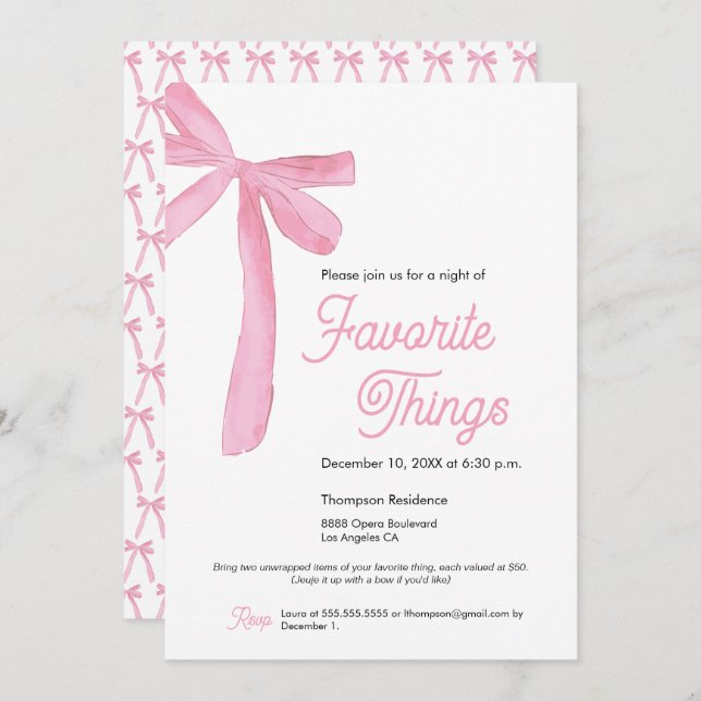 Cute Favourite things Party Pink Bow Invitation (Front/Back)