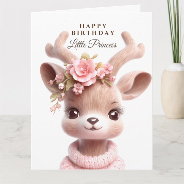 Cute fawn, baby deer in pink dress with flowers card (Front)
