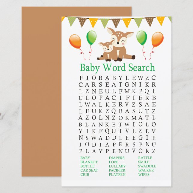Cute fawn Baby Shower Word Search Game (Front/Back)