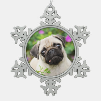Cute Fawn Coloured Pug Puppy Dog Face Pet Photo - Snowflake Pewter Christmas Ornament