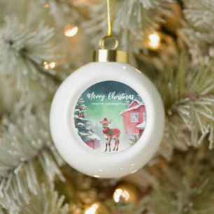 Cute Fawn deer Santa Christmas party holiday kids Ceramic Ball Christmas Ornament