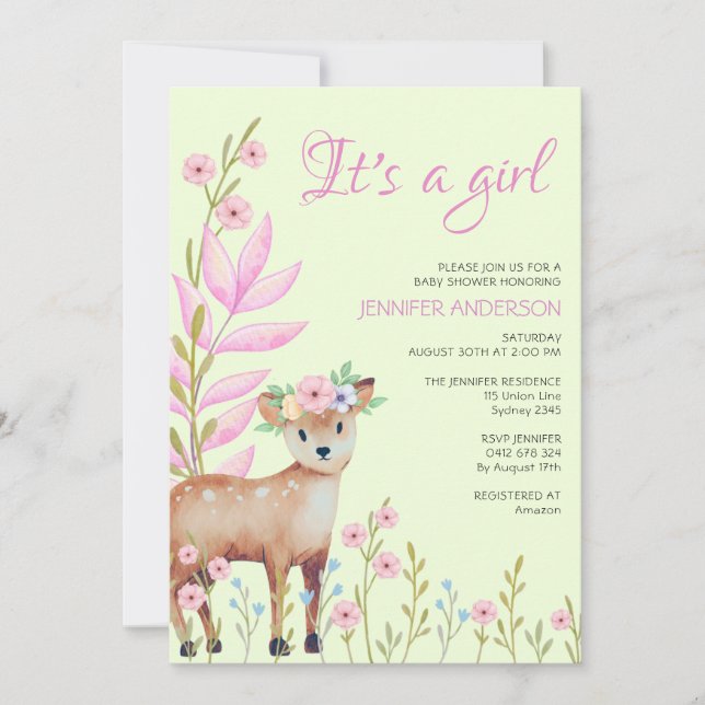 Cute Fawn Forest Deer Baby Shower Girl Invitation (Front)