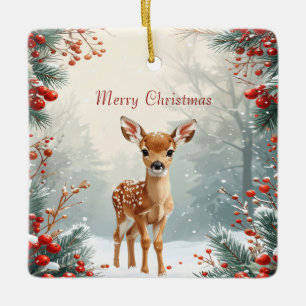 Cute Fawn in a Snowy Forest Ceramic Ornament