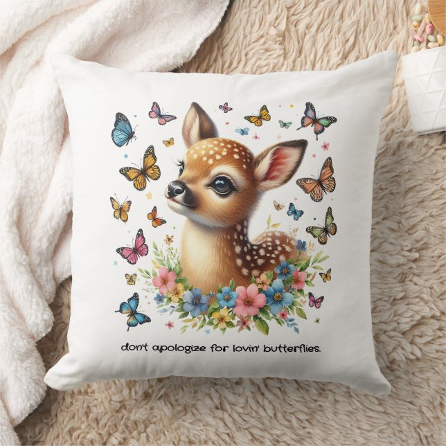 Cute Fawn Looks at Butterflies in the Meadow Cushion (Blanket)
