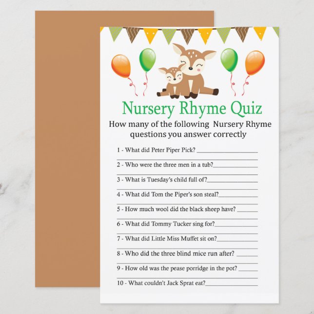 Cute fawn Nursery Rhyme Quiz baby shower game (Front/Back)