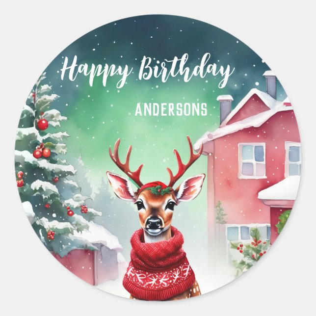 Cute Fawn reindeer Santa Christmas birthday party Classic Round Sticker (Front)