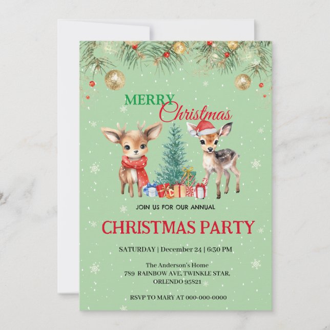 Cute Fawn reindeer Santa MERRY Christmas Party Invitation (Front)