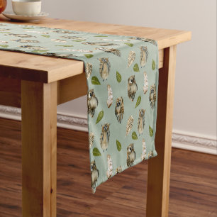 Cute Feather Owls Pattern on Sage Green Short Table Runner