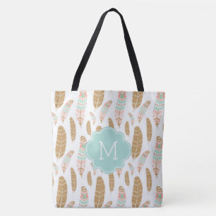 Cute Feathers Monogrammed Tribal Inspired Pattern Tote Bag