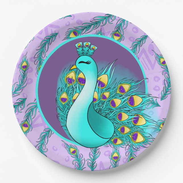 Cute feathers peacock party paper plate (Front)