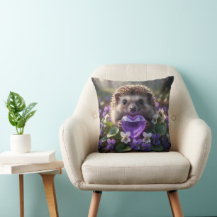 Cute February Hedgehog with Amethyst Heart Cushion