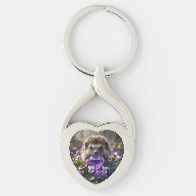 Cute February Hedgehog with Amethyst Heart Key Ring (Front)