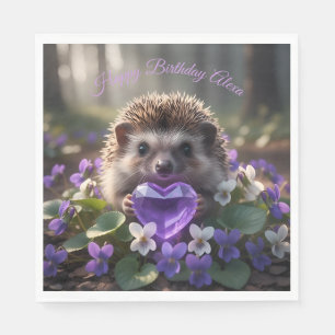 Cute February Hedgehog with Amethyst Heart Napkin