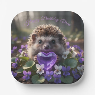 Cute February Hedgehog with Amethyst Heart Paper Plate
