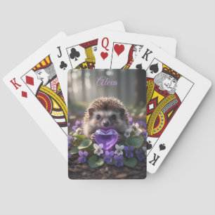 Cute February Hedgehog with Amethyst Heart Playing Cards