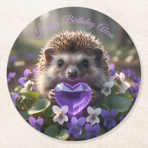 Cute February Hedgehog with Amethyst Heart Round Paper Coaster