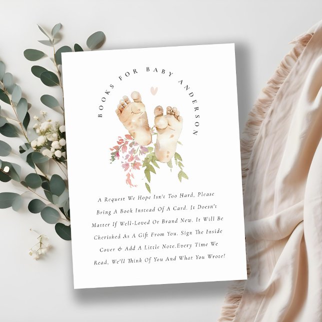 Cute Feet Pink Floral Girl Books For Baby Shower Enclosure Card (Creator Uploaded)