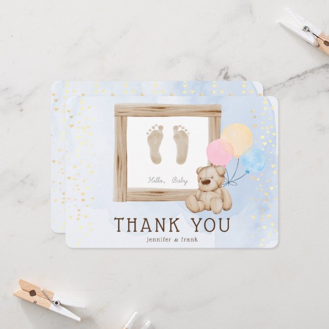 Cute Feet Watercolor Blue Baby Shower Thank You Invitation (Front/Back In Situ)