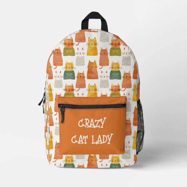 Cute Feline Pattern Crazy Cat Lady Custom Script Printed Backpack (Front)