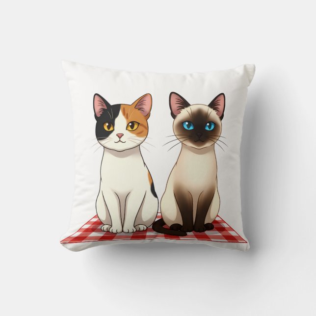 Cute Felines on Red Checkered Blanket Cushion (Front)