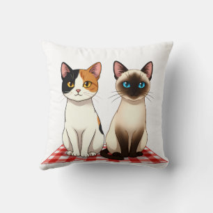 Cute Felines on Red Checkered Blanket Cushion