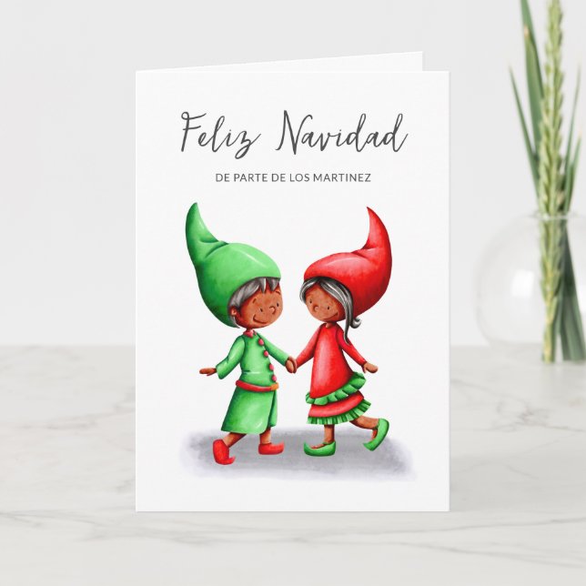 Cute Feliz Navidad Black Elves Christmas Holiday Card (Front)