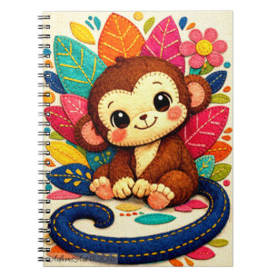 Cute Felt Monkey with Colourful Floral Leaves Notebook