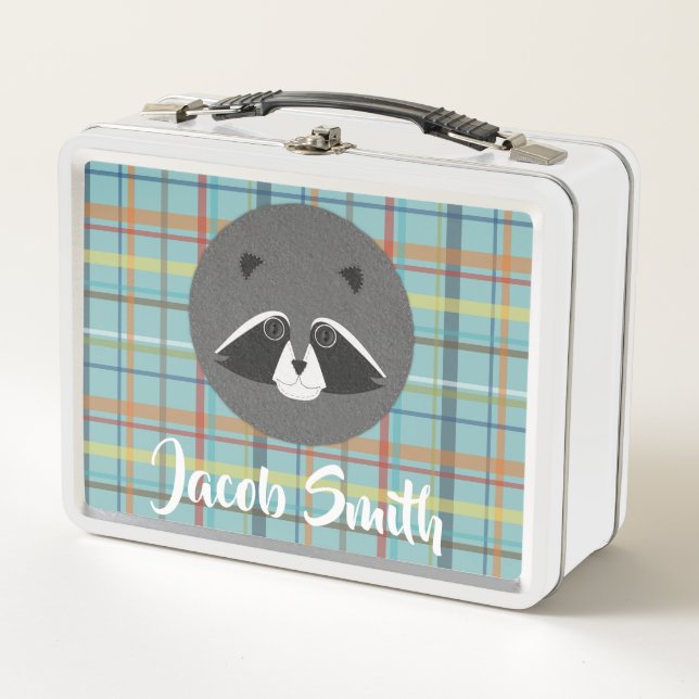 Cute Felt Woodland Racoon Face Metal Lunch Box (Front)