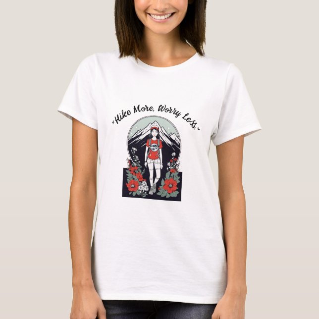 "Cute Female Hiker with Flowers and Mountains" T-Shirt (Front)