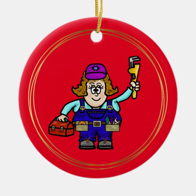 Cute Female Mechanic Christmas Ornament with Name (Front)