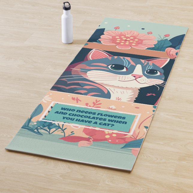 Cute Feminine Blue Cat and Pink Flowers  Yoga Mat (In Situ)