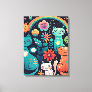 Cute Feminine Colourful Boho Style Cats and Flower Canvas Print