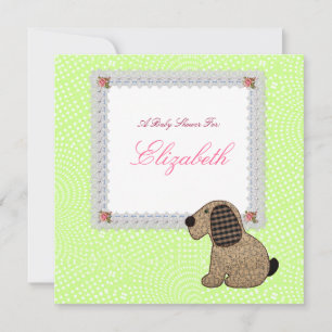 Cute Feminine Girl Gingham Dog Baby Shower Invitation