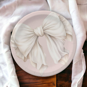 Cute Feminine Ivory White Bow on Pink Paper Plate