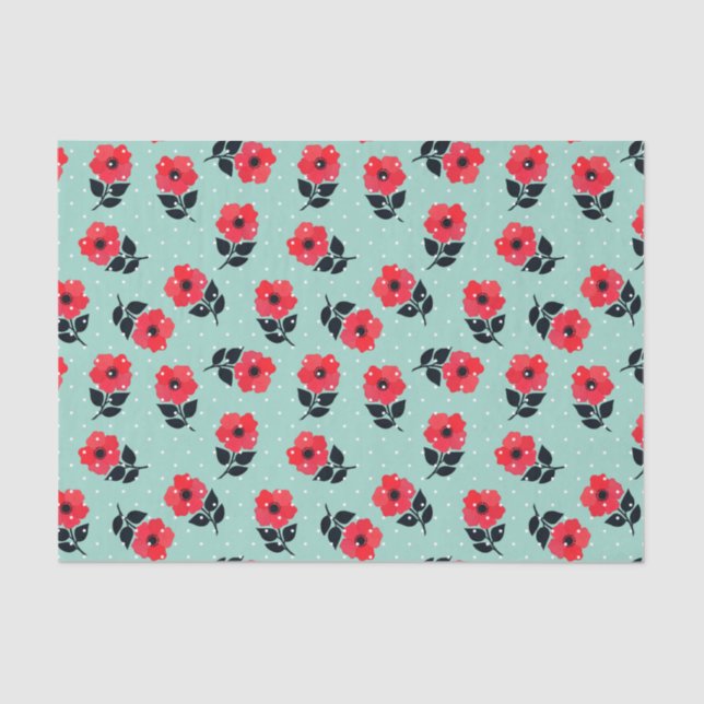 Cute Feminine  Red Aqua Floral Pattern Tissue Paper (Front)