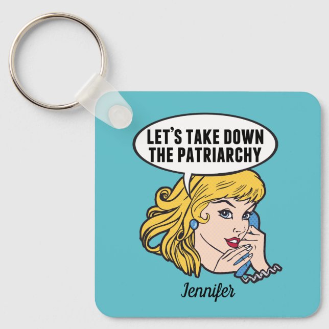 Cute Feminist Pop Art Anti Patriarchy Custom Teal Key Ring (Front)