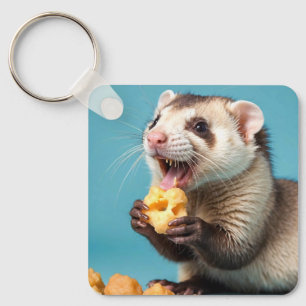 Cute Ferret Eating Cheese Puffs Key Ring
