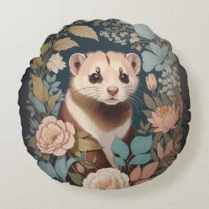 Cute Ferret Elegant Pastel Floral Garden Round Cushion