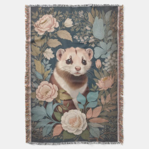Cute Ferret Elegant Pastel Floral Garden Throw Blanket