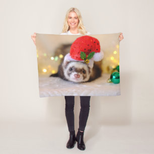 Cute Ferret in Santa Hat Christmas Fleece Blanket