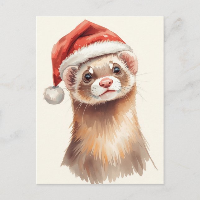 Cute Ferret in Santa Hat Watercolor Holiday Postcard (Front)