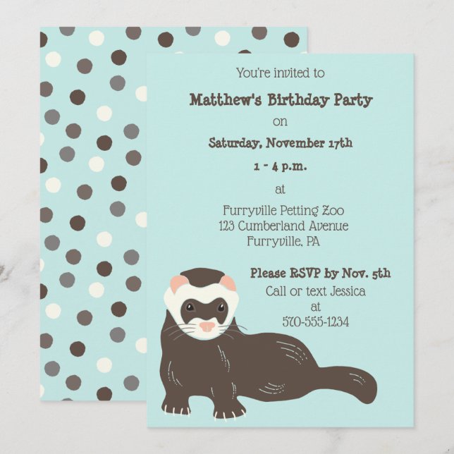 Cute Ferret Mint Green and Brown Birthday Party Invitation (Front/Back)