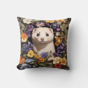 Cute Ferret Nestled In Pansies Garden Cushion