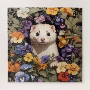 Cute Ferret Nestled In Pansies Garden Jigsaw Puzzle