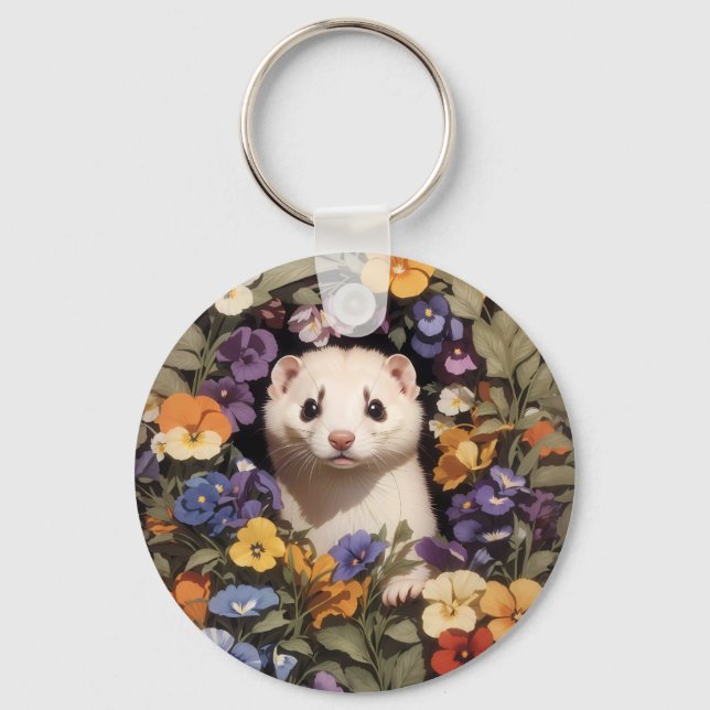 Cute Ferret Nestled In Pansies Garden Key Ring (Front)
