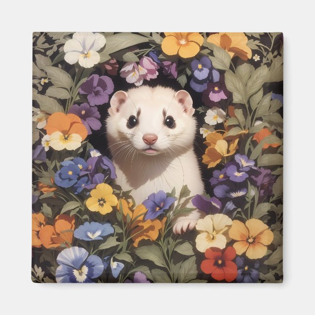 Cute Ferret Nestled In Pansies Garden Magnet (Front)