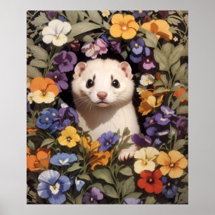 Cute Ferret Nestled In Pansies Garden Poster