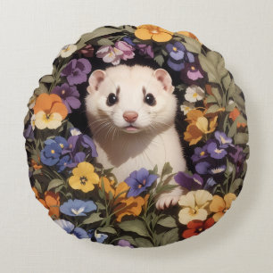 Cute Ferret Nestled In Pansies Garden Round Cushion